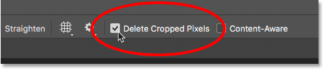 The Delete Cropped Pixels option in the Options Bar.