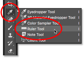 Selecting the Ruler Tool from behind the Eyedropper Tool. 