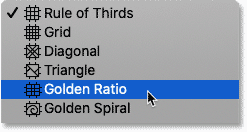 Choosing the Golden Ratio grid overlay for the Crop Tool in Photoshop