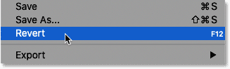 Choosing the Revert command from the File menu in Photoshop