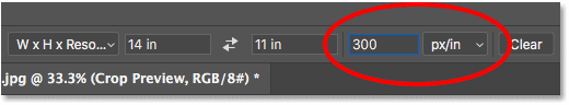 Entering a print resolution of 300 pixels per inch for the Crop Tool in Photoshop