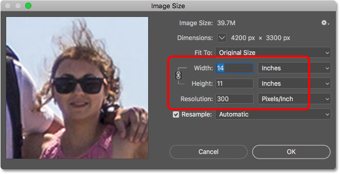 Confirming the cropped image size in the Image Size dialog box in Photoshop