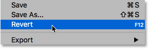 Choosing the Revert command from the File menu in Photoshop