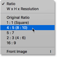 Choosing 8x10 from the Aspect Ratio menu in Photoshop