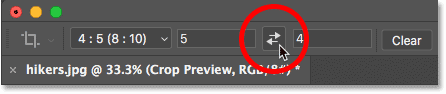 Swapping the Width and Height values for the Crop Tool's aspect ratio in Photoshop