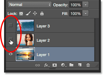 Wyłączanie dwóch górnych warstw w panelu Layers (Warstwy). Image © 2015 Steve Patterson, Photoshop Essentials.com