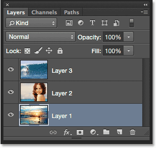 O painel de Layers mostrando cada foto numa camada independente. Imagem © 2015 Steve Patterson, Photoshop Essentials.com