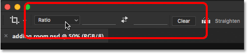 The Aspect Ratio option for the Crop Tool in the Options Bar. Image © 2016 Steve Patterson, Photoshop Essentials.com