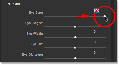 The Eye Size slider in Face-Aware Liquify. Image © 2016 Steve Patterson, Photoshop Essentials.com