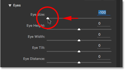 Decreasing the eye size by dragging the slider to the left. Image © 2016 Steve Patterson, Photoshop Essentials.com