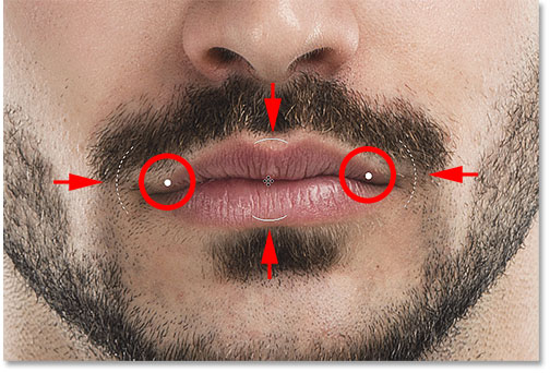 The Mouth handles for the Face Tool. Image © 2016 Steve Patterson, Photoshop Essentials.com