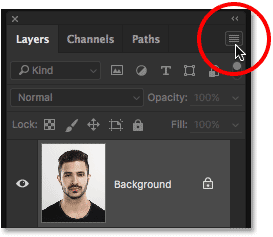 Clicking the Layers panel menu icon. Image © 2016 Steve Patterson, Photoshop Essentials.com