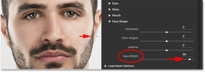Dragging the Face Width handle moves the Face Width slider. Image © 2016 Steve Patterson, Photoshop Essentials.com