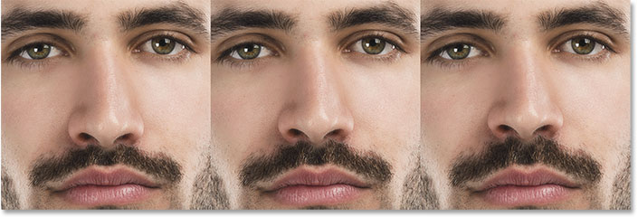 A comparison of the Nose Height slider in Face-Aware Liquify. Image © 2016 Steve Patterson, Photoshop Essentials.com