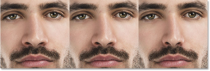 A comparison of the Nose Width slider in Face-Aware Liquify. 