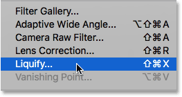 Choosing the Liquify filter under the Filter menu. Image © 2016 Steve Patterson, Photoshop Essentials.com