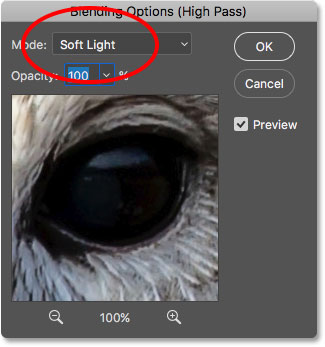 Reducing the sharpening effect by changing the blend mode of the High Pass filter to Soft Light