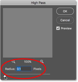 Starting with the lowest Radius value in the High Pass dialog box