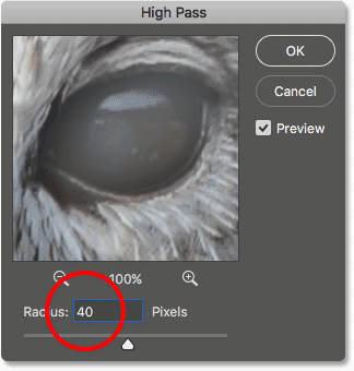 Increasing the High Pass filter Radius value to 40 pixels