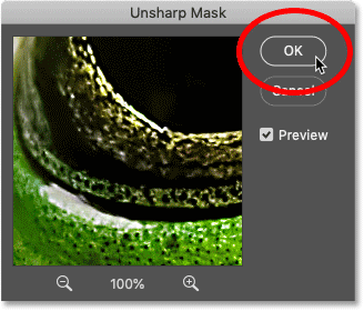 Clicking OK to apply the Unsharp Mask settings to the image