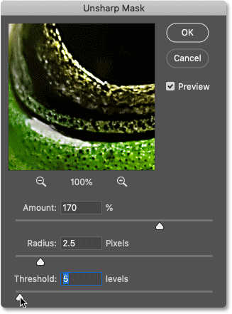 The Unsharp Mask filter settings used to sharpen the image in Photoshop