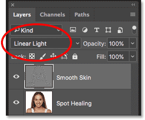 Changing the blend mode of the Smooth Skin layer to Linear Light