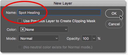 Naming the new layer 'Spot Healing' in Photoshop