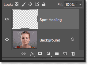 طبقة Spot Healing أعلى الصورة في لوحة Layers في Photoshop