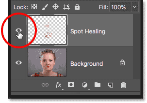 Nhấp vào biểu tượng hiển thị lớp Spot Healing trong bảng điều khiển Lớp trong Photoshop