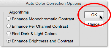 Closing out of the Auto Color Correction Options dialog box. Image © 2015 Steve Patterson, Photoshop Essentials.com