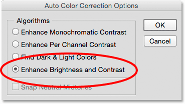 The Auto Color Correction Options dialog box. Image © 2015 Steve Patterson, Photoshop Essentials.com