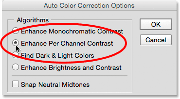 Switching to the Enhance Per Channel Contrast algorithm. Image © 2015 Steve Patterson, Photoshop Essentials.com