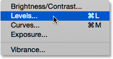 Selecting a Levels image adjustment. 