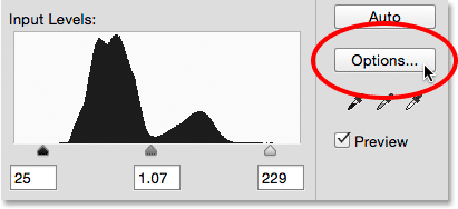 Clicking the Options button in the Levels dialog box. Image © 2015 Steve Patterson, Photoshop Essentials.com