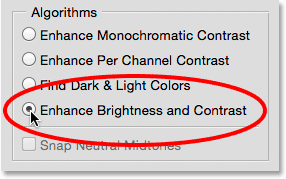 Selecting the Enhance Brightness and Contrast algorithm. Image © 2015 Steve Patterson, Photoshop Essentials.com