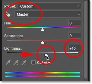 Brightening the woman's teeth by increasing the Lightness value for the Hue/Saturation adjustment layer.