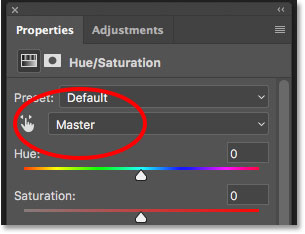 يتم تعيين خيار التحرير لطبقة ضبط Hue / Saturation على Master