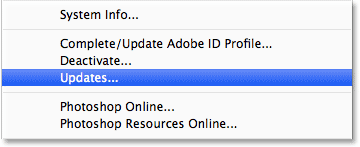 Choosing the Updates command from the Help menu in Photoshop CS6. Image © 2013 Photoshop Essentials.com