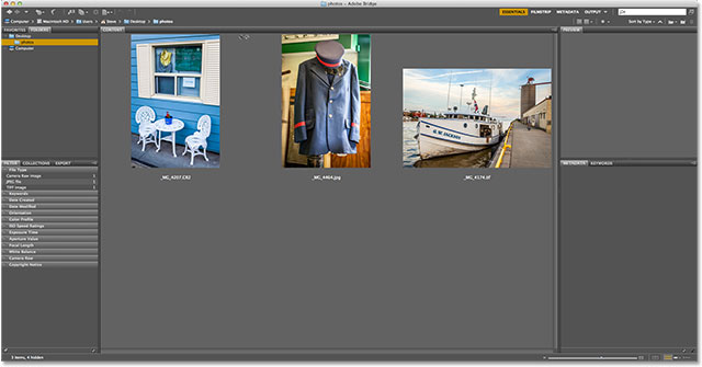 Three images visible in Adobe Bridge CS6. Image © 2013 Steve Patterson, Photoshop Essentials.com