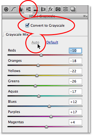 The HSL / Grayscale panel in Camera Raw. Image © 2013 Steve Patterson, Photoshop Essentials.com