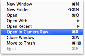 Choosing Open in Camera Raw from the File menu in Adobe Bridge CS6. Image © 2013 Steve Patterson, Photoshop Essentials.com