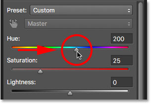 Selecting the new eye color by dragging the Hue slider. Image © 2016 Photoshop Essentials.com