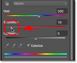 Lowering the intensity of the eye color with the Saturation slider. Image © 2016 Photoshop Essentials.com