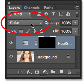 Changing the blend mode of the adjustment layer to Color. Image © 2016 Photoshop Essentials.com