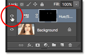 Clicking the visibility icon for the Hue/Saturation adjustment layer. Image © 2016 Photoshop Essentials.com