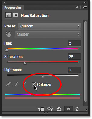 Selecting the Colorize option in the Properties panel. Image © 2016 Photoshop Essentials.com