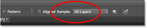 Setting the Sample option for the Healing Brush to 'All Layers'. Image © 2016 Photoshop Essentials.com