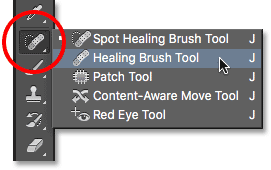 تحديد Healing Brush من لوحة Tools.  صورة © 2016 Photoshop Essentials.com