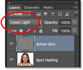 Changing the blend mode of the Soften Skin layer to Linear Light. Image © 2016 Steve Patterson, Photoshop Essentials.com