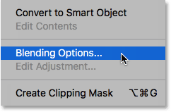 Choosing Blending Options from the Layers panel menu. Image © 2016 Steve Patterson, Photoshop Essentials.com